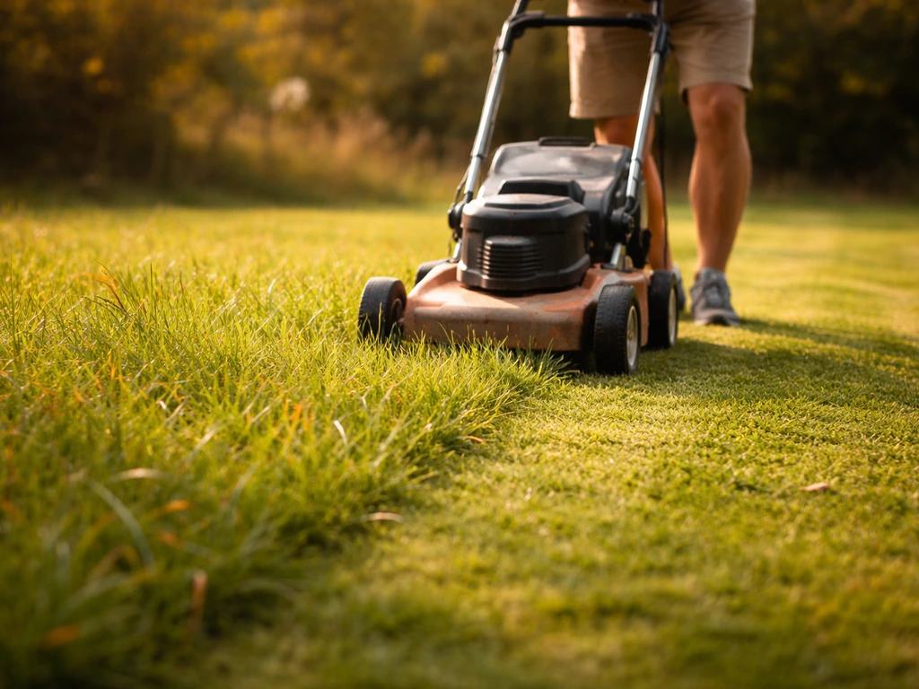 Gazon met iets hoger gemaaide strook; grasmaaier maait netjes tijdens zomer met vleugje herfst.