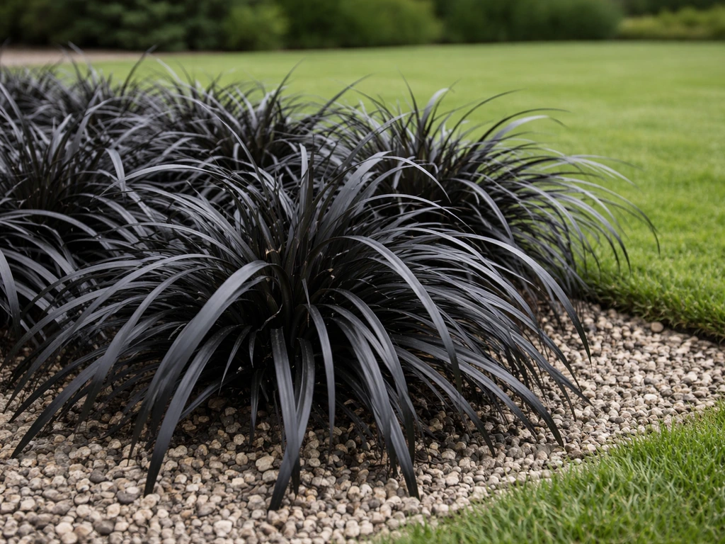 Close-up van slangenbaard zwart gras in een tuin met gazoncontext en donker blad zichtbaar.