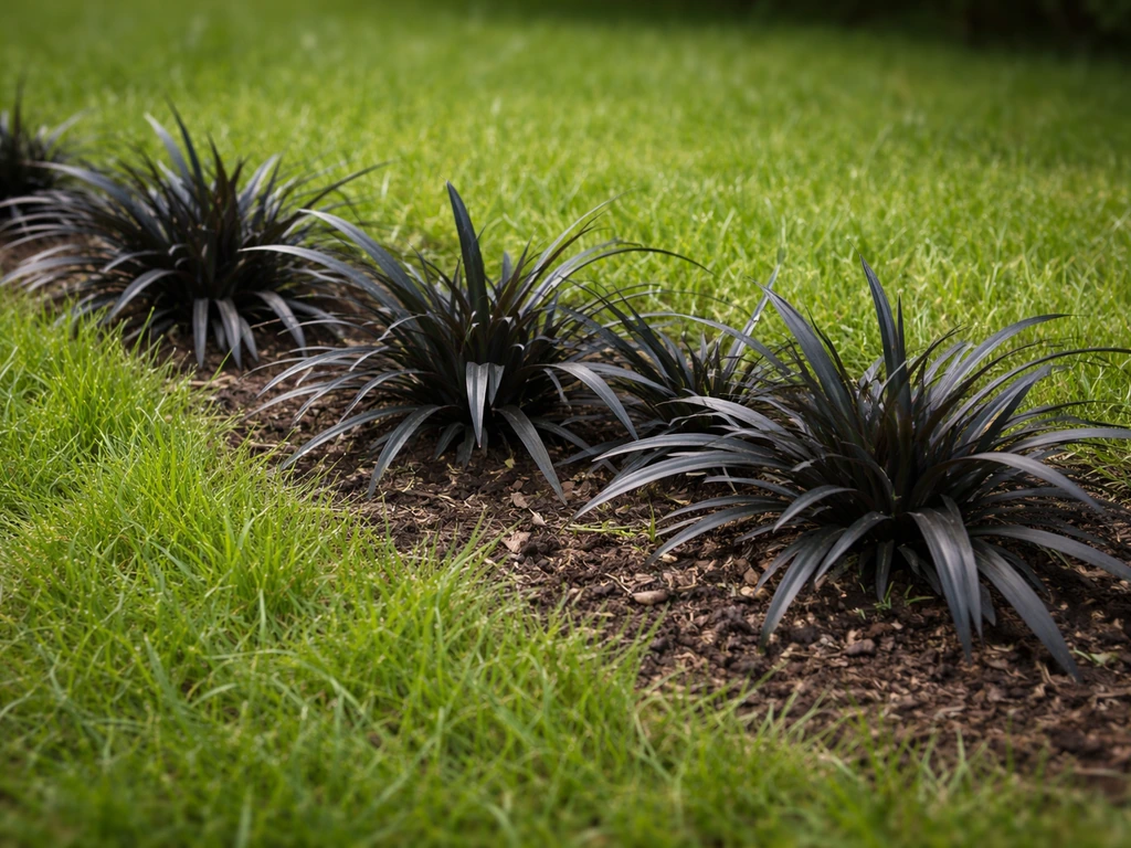Close-up van slangenbaard ‘zwart gras’ in een gazonrand met donkere bladrozetten tussen lichtgroen gras.