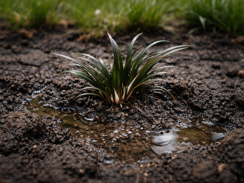 Verdichte, te natte grond met waterstagnatie en zichtbare uitlopers van slangenbaard in een gazonrand.