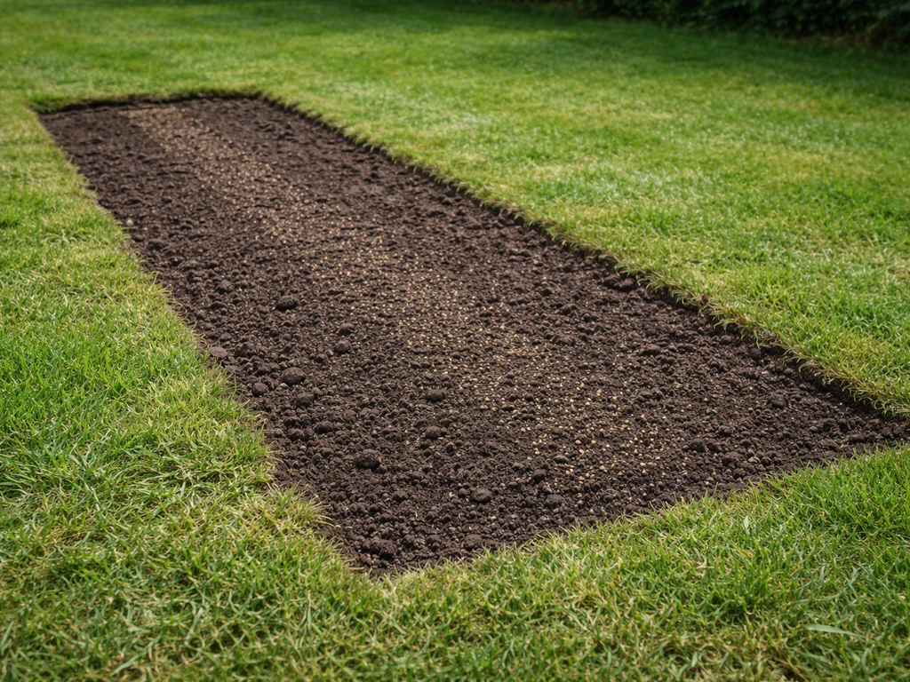 Kale plek in het gazon wordt opgevuld met potgrond en ingezaaide strook, met afsteekrand zichtbaar.