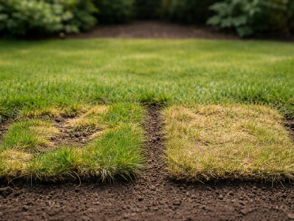 Twee naast elkaar gelegen grasplekken: links emelten-achtige vlekken met licht los gras, rechts verdroging/voetafdruk.