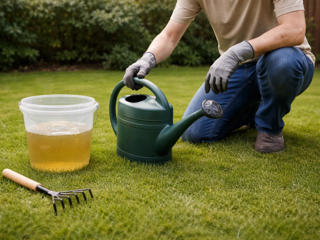 Tuinman bereidt een gieter met biologisch nematodenmiddel en draagt handschoenen in een gazon