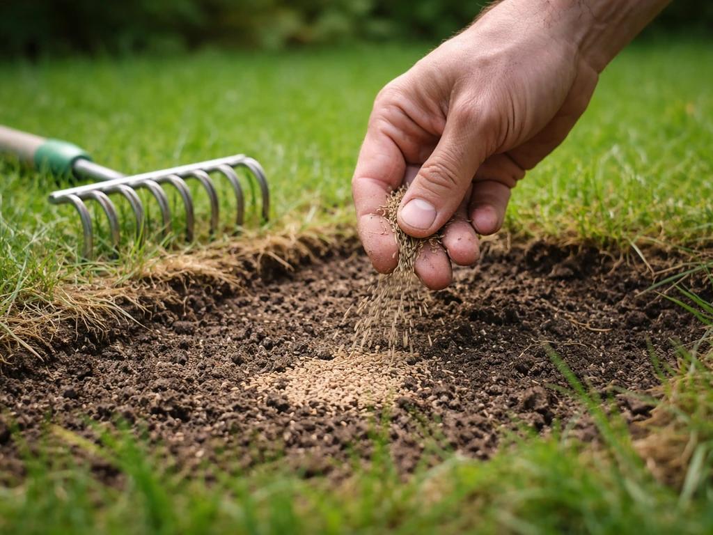 Anonieme hand strooit graszaad uit op een kale plek in de grasmat, met harksporen in de grond.