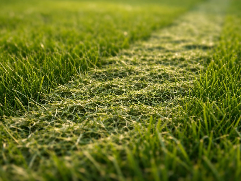 Close-up van versnippert maaisel dat als mulch op het gras ligt.