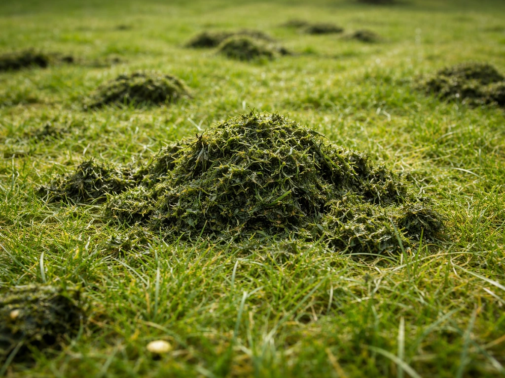 Nat en klonterig maaisel dat zich samenkoekt op het gazon en de graszode verstikt.