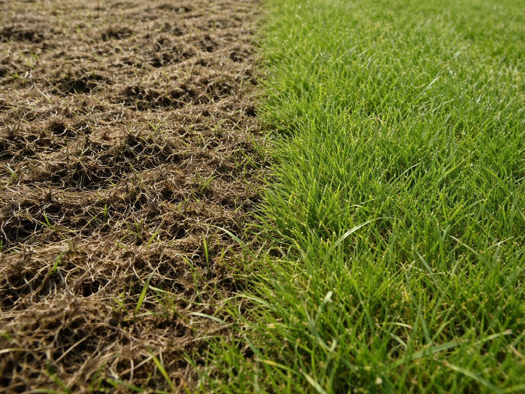 Bovenaanzicht van gazon met dichte samengeklonterde vilt-/sliblaag en daarnaast een schone, gezonde strook gras.