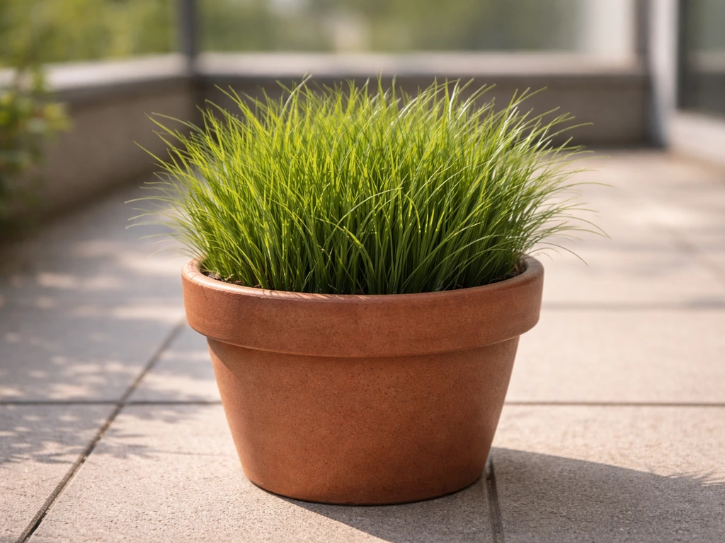 Sierlijke terracotta pot met fris Engels raaigras op een zonnig balkon, gezond en gelijkmatig groen.