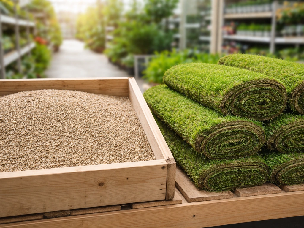 Graszaadkorrels naast groene graszoden in een tuincentrum, duidelijk het verschil tussen zaad en mat.