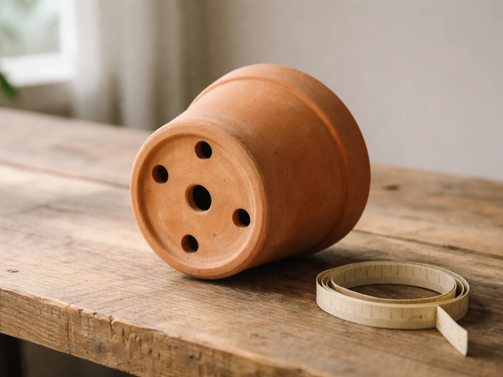 Terracotta pot op hout met meerdere drainagegaten en een meetlint op de achtergrond, minimalistisch.