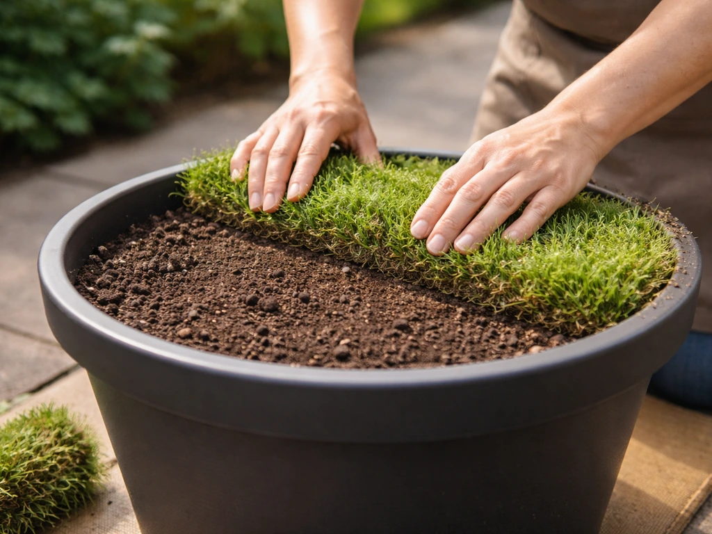 Hand legt graszoden netjes in een pot met potgrond-zandmix, met ruimte onder de rand