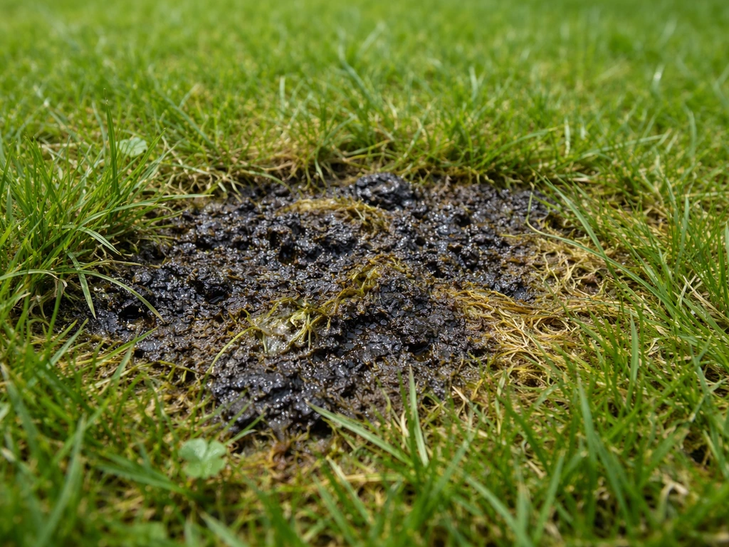 Close-up van een plek in het gazon met zwart/donkerbruin, mosachtig of slijmerig gras.