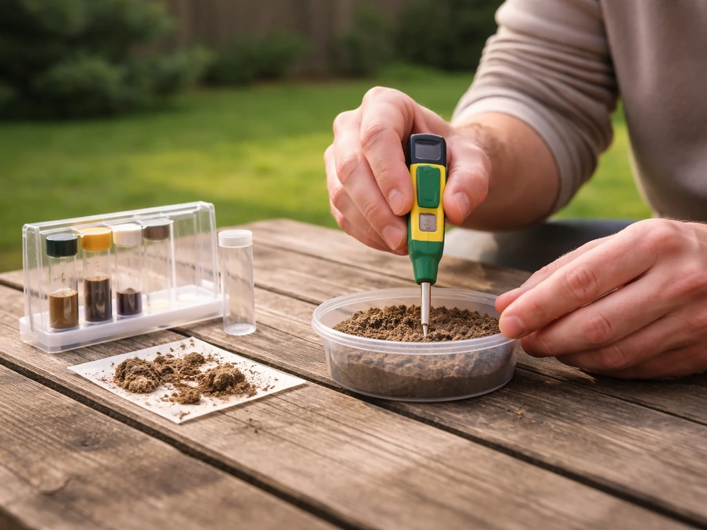 Bodem pH-meter met grondmonsters van het gazon en een eenvoudige pH-testset op een tuintafel
