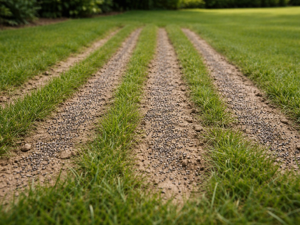 Licht doorzaaiproces: grasmat met open stroken waar zichtbaar graszaad op ligt