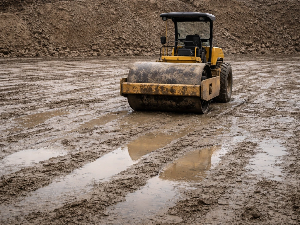 Stilstaande wals op natte grond met ingeperste plassen en wegzakkende, samengedrukte toplaag.