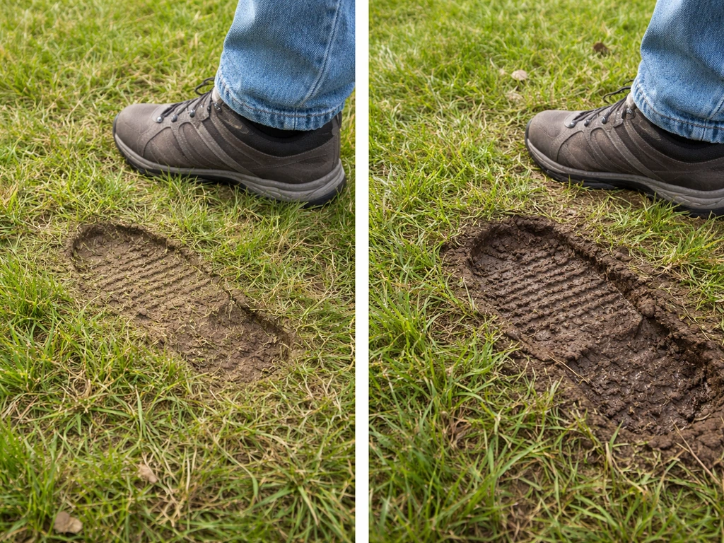 Links een lichte voetafdruk die vervaagt, rechts een diepe blijvende afdruk in natte grond op gras.