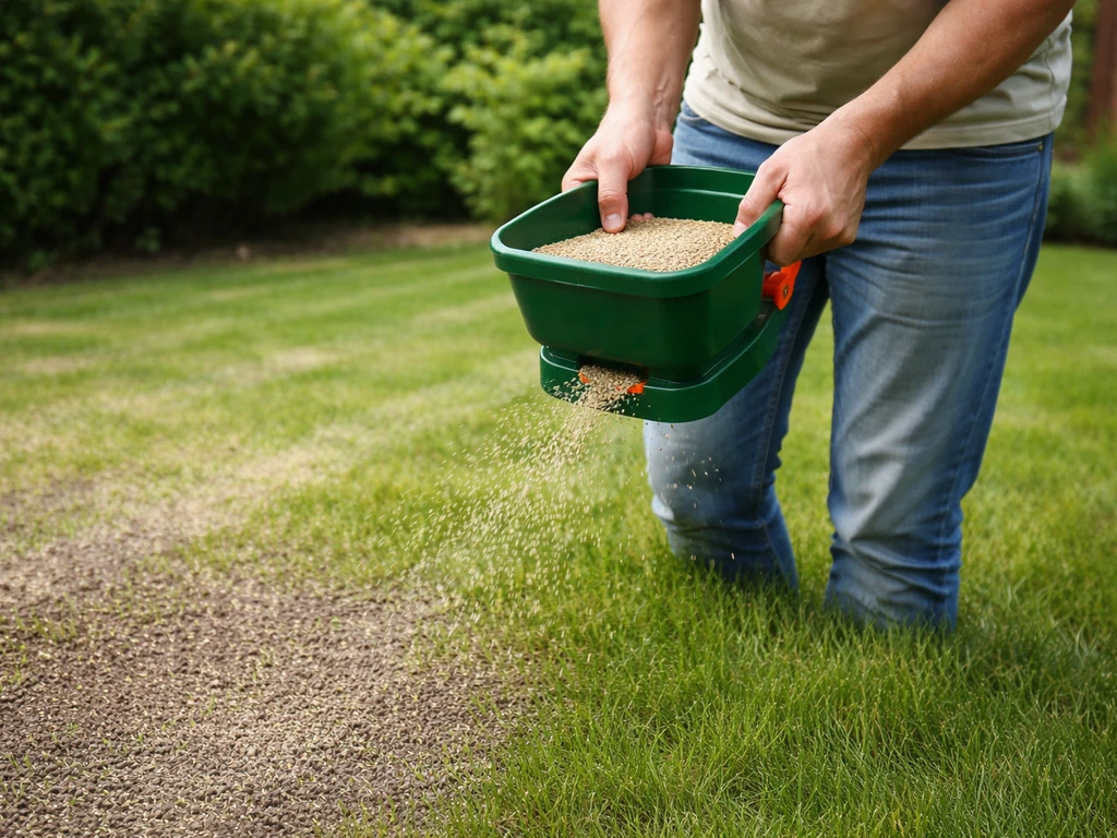 Handen die Engels gras zaaien in een Nederlands gazon, met verse uitzaaizones tussen een strak groen tapijt.
