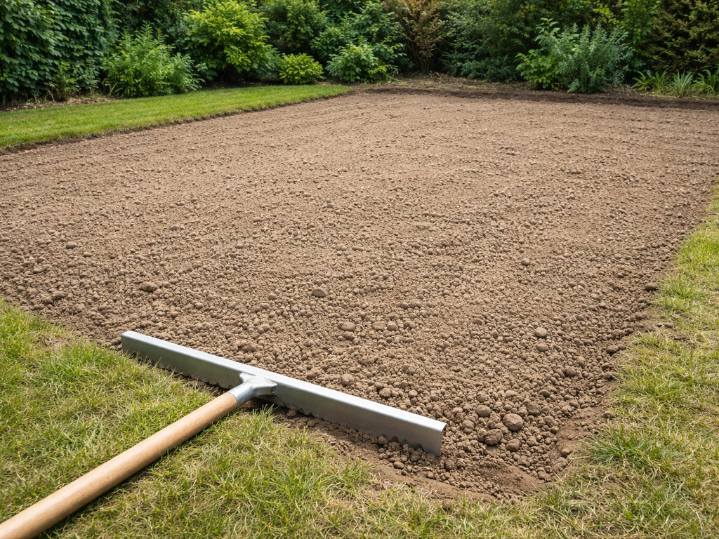 Voorbeeld van een goed voorbereide gazonbodem met losgemaakte grond en een fijn zaaibed in een tuin.