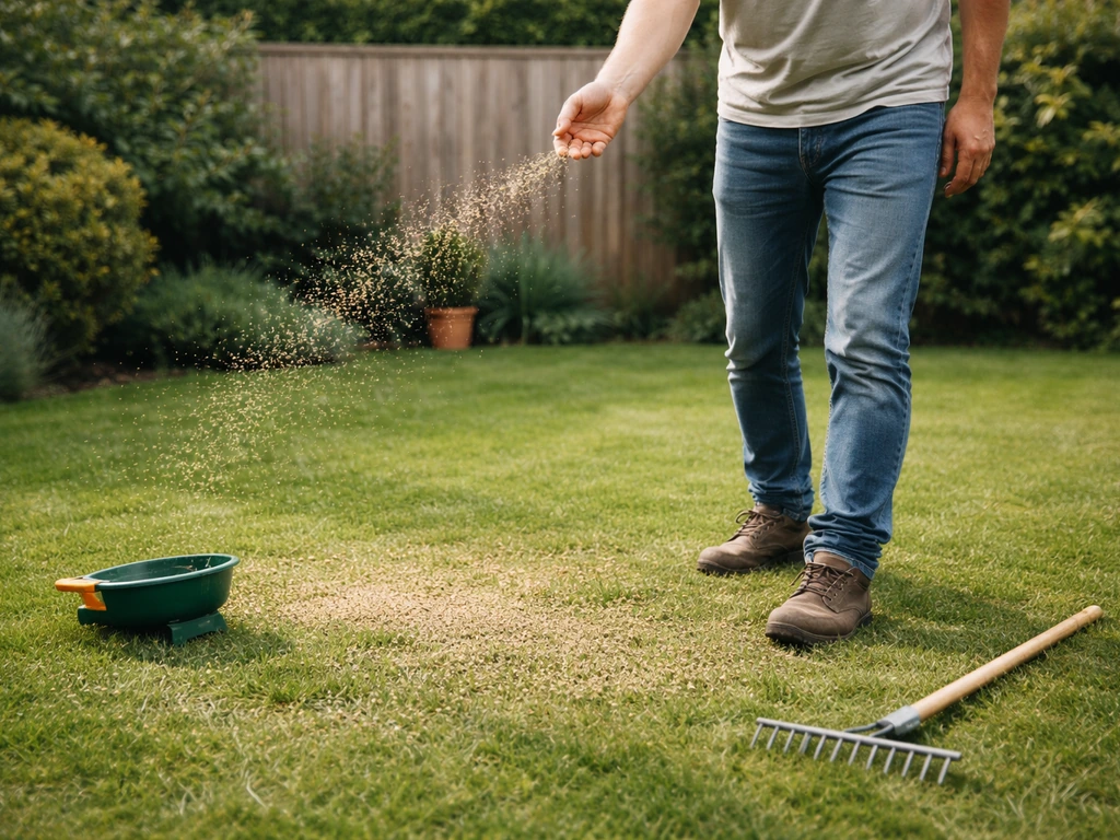 Iemand die grasmengsel uitzaait in een tuin, met handstrooier op de grond en licht inwerken op het gazon.