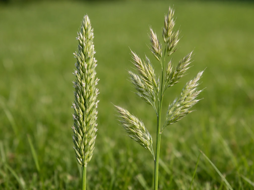 Close-up van twee soorten grasaren naast elkaar: normale gazonaar links en onkruidpluim rechts.