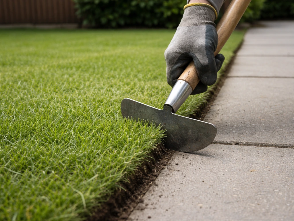 Iemand knipt met een graskantensnijder een rechte grasrand langs een betonnen tuinpad netjes bij.