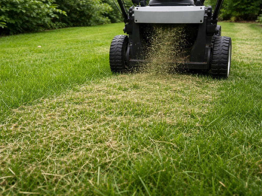 Gazonmaaisel dat na het mulchen fijn op het gras ligt, met een mulcherende grasmaaier op de achtergrond