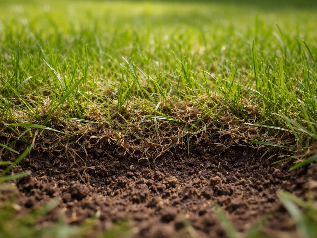Close-up van gras met een dunne fijne maaisel-laag en zichtbare, gezonde bodemstructuur onder licht vochtige omstandighe