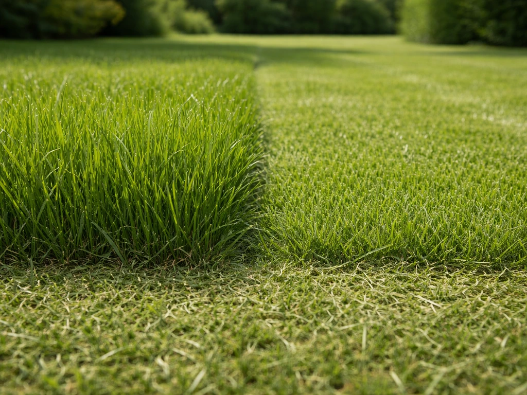 Close-up van gazon: langer gras (±7,5 cm) naast korter gemaaid gras (±5 cm) met een dunne mulchlaag.