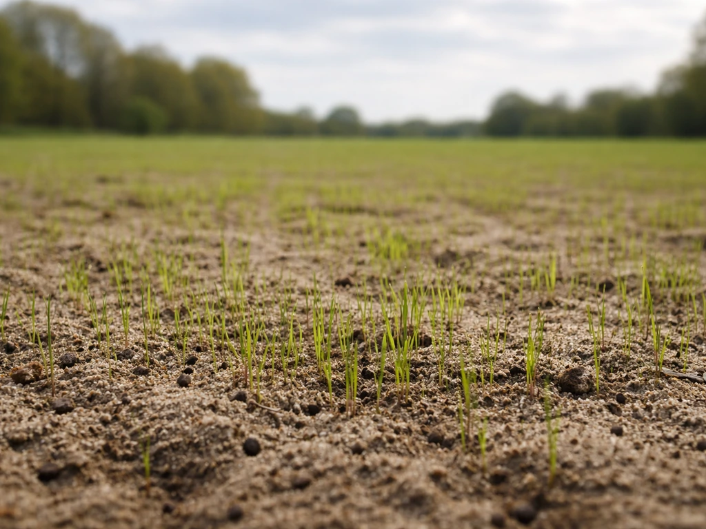 Pas ingezaaid grasveld met jonge grassprieten in kiemfase, met een frisse Nederlandse seizoensachtergrond.