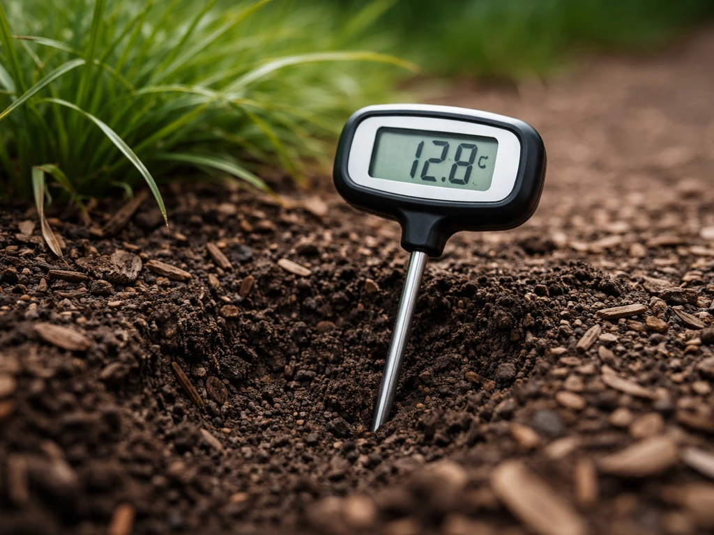 Close-up van een bodemthermometer in aarde die de bodemtemperatuur meet.