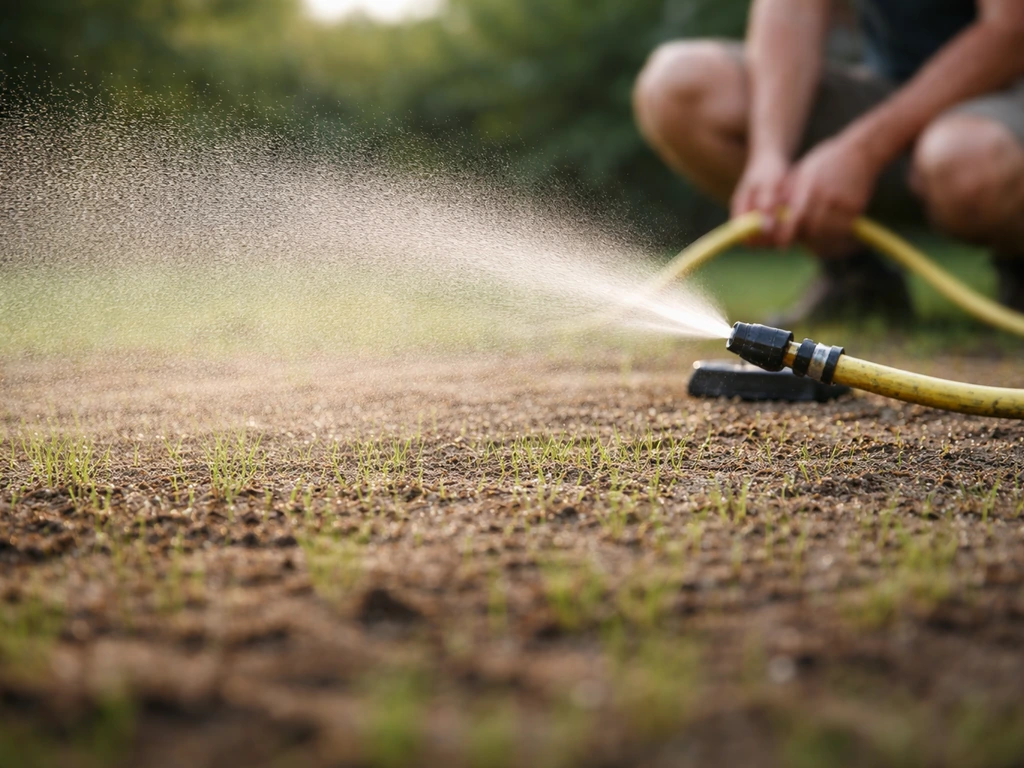 Watergever vernevelt fijn water over een pas ingezaaid grasveld, zodat de toplaag licht vochtig blijft.