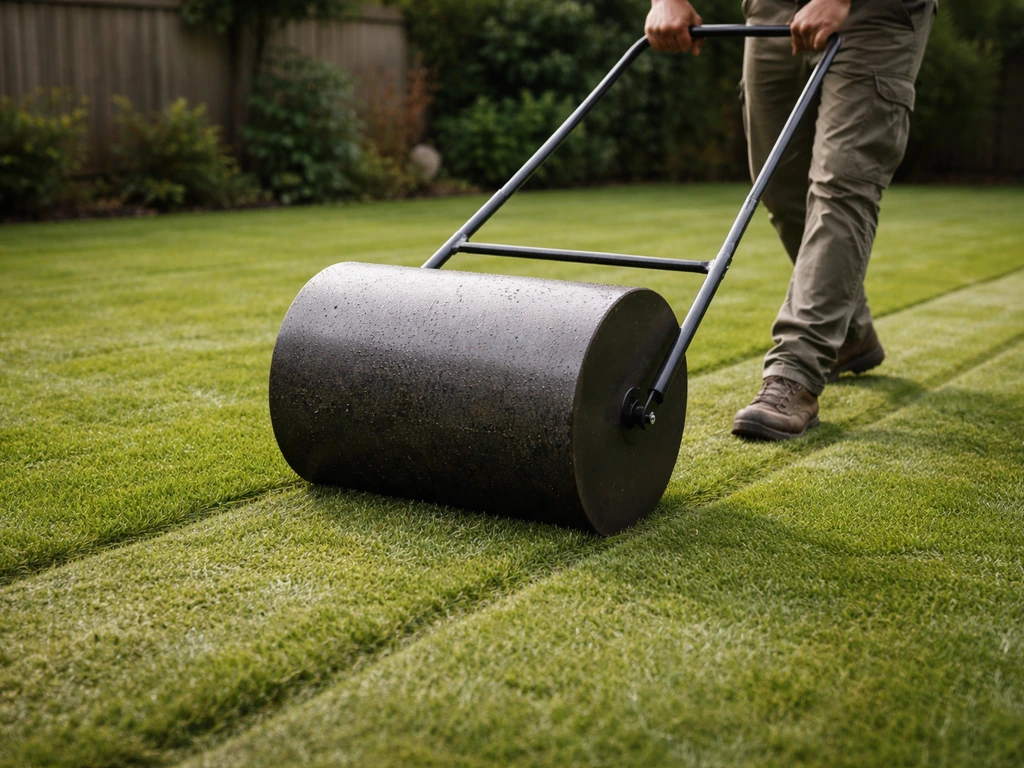 Onzichtbare tuinwerker rolt het tuingazon met zware gazonwals in rechte banen, met circa 10 cm overlap.