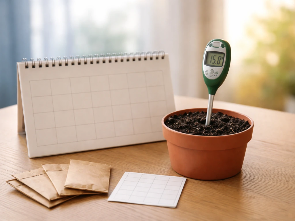 Keukentafel met kalender en tuingrond-thermometer naast potgrond, die het juiste inzaaimoment suggereert.