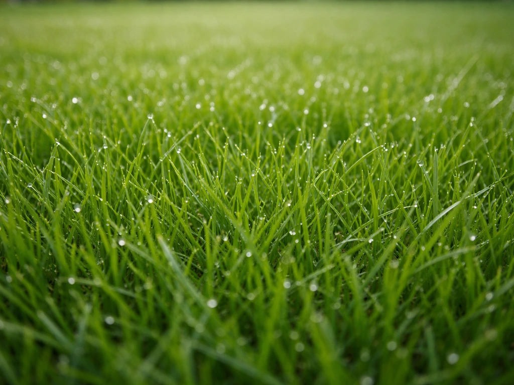 Close-up van een dichte, stevig groeiende gazonmat met Engels raaigras-achtige grassprieten en dauwdruppels.