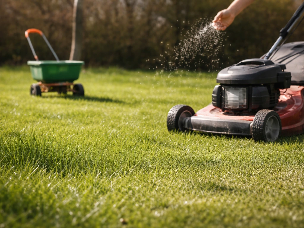 Gazon in voorjaar maart/april: gras gemaaid op 4–5 cm met bemestingsstrooier klaar.