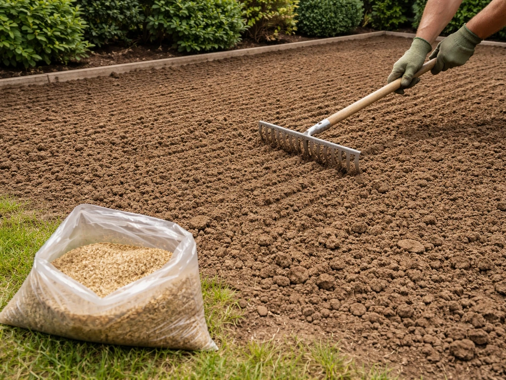 Tuin met opengewerkte grond: een hark en versgeprepareerd zaaibed voor graszaad, klaar om egaal in te zaaien.