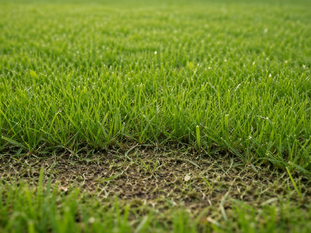 Close-up van gemaaid riet-gras gazon van 4–5 cm met licht vochtige bodem net vóór het beluchten.