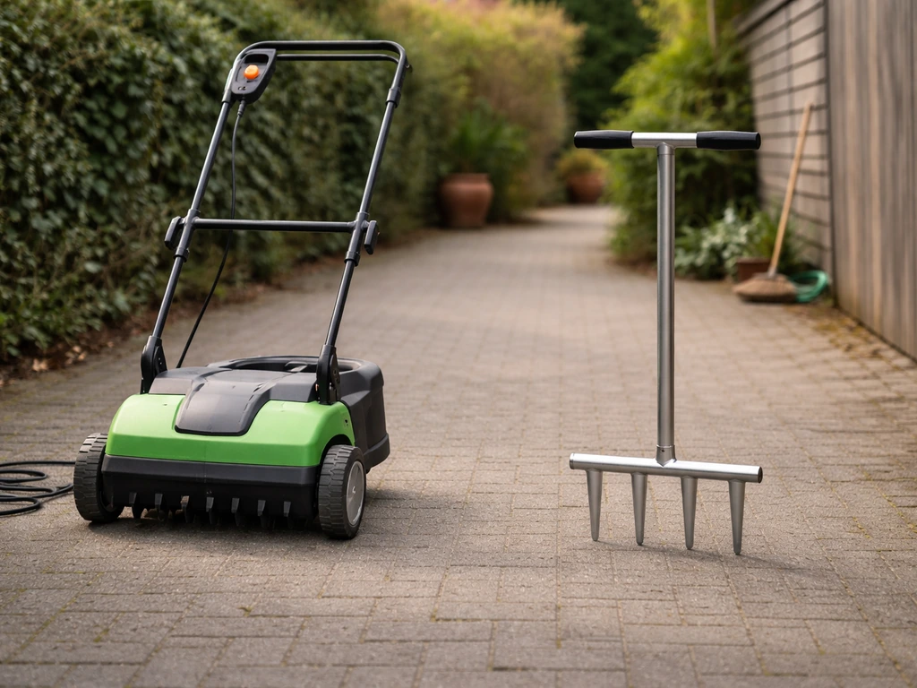 Gehuurde elektrische holpijpbeluchter en een kleine prikset op een oprit, klaar voor zelf doen of uitbesteden.