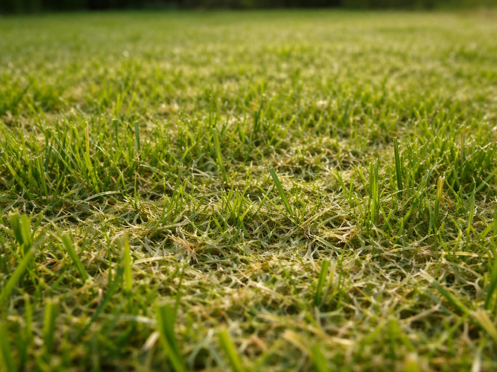 Close-up van een gazon met dun, fijn maaisel dat na het maaien als mini-mulchlaag tussen het gras blijft liggen.