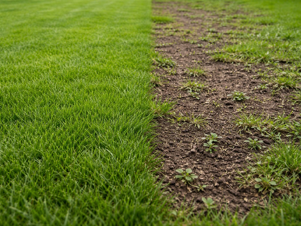Twee eenvoudige graszones, links een dichte grasmat met weinig onkruid, rechts kale plekken met onkruidkiemingen.