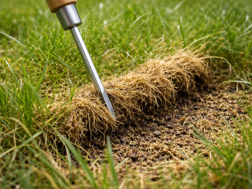 Close-up van een gazon waar een viltlaag tussen grassprieten zichtbaar wordt met een tuintool.