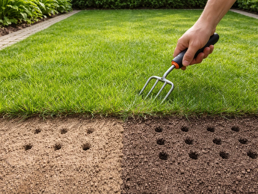 Detail van gras met zand en leem/klei, waarbij met een handvork beluchtingsgaten zichtbaar zijn.