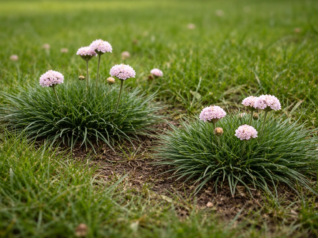 Close-up van Armeria maritima in het gazon met smalle grijsgroene bladeren tussen het gras.