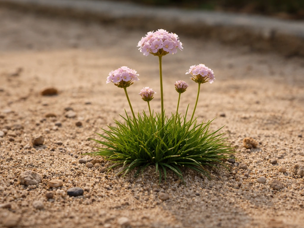 Armeria maritima tussen schrale, zandige grond op een zonnige, goed gedraineerde plek in een tuin