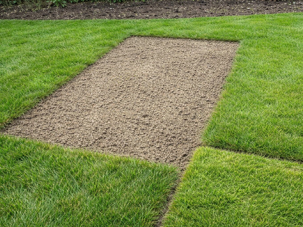 Kale plek in gazon na herinzaai en/of zoden: aangeharkt zaad en een duidelijke zode-overgang met bestaand gras.