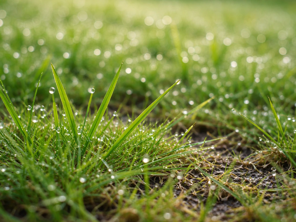 Close-up van nat gras met dauwdruppels op de grassprieten, duidelijk zichtbaar vocht op het groen