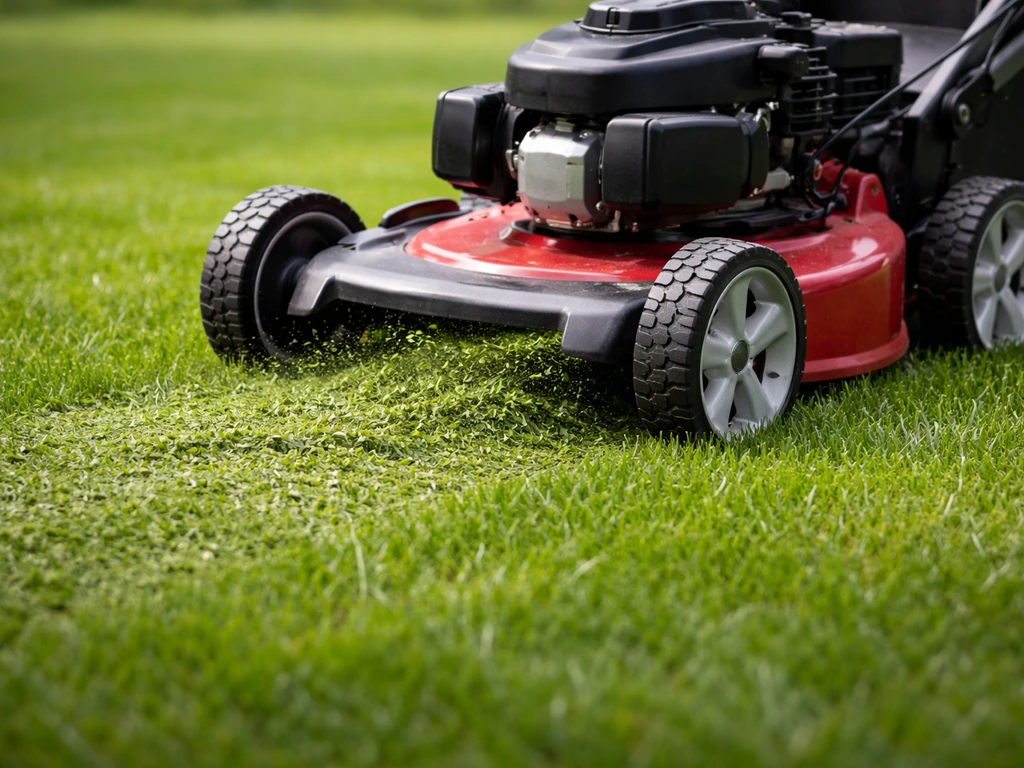 Mulchmaaier die in het gras maaisel direct fijnhakselt zonder opvangbak, op groen gazon.