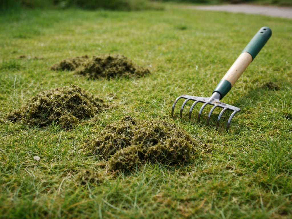 Klonterige hoopjes nat maaisel op het gras met een hark klaar om ze direct weg te halen.