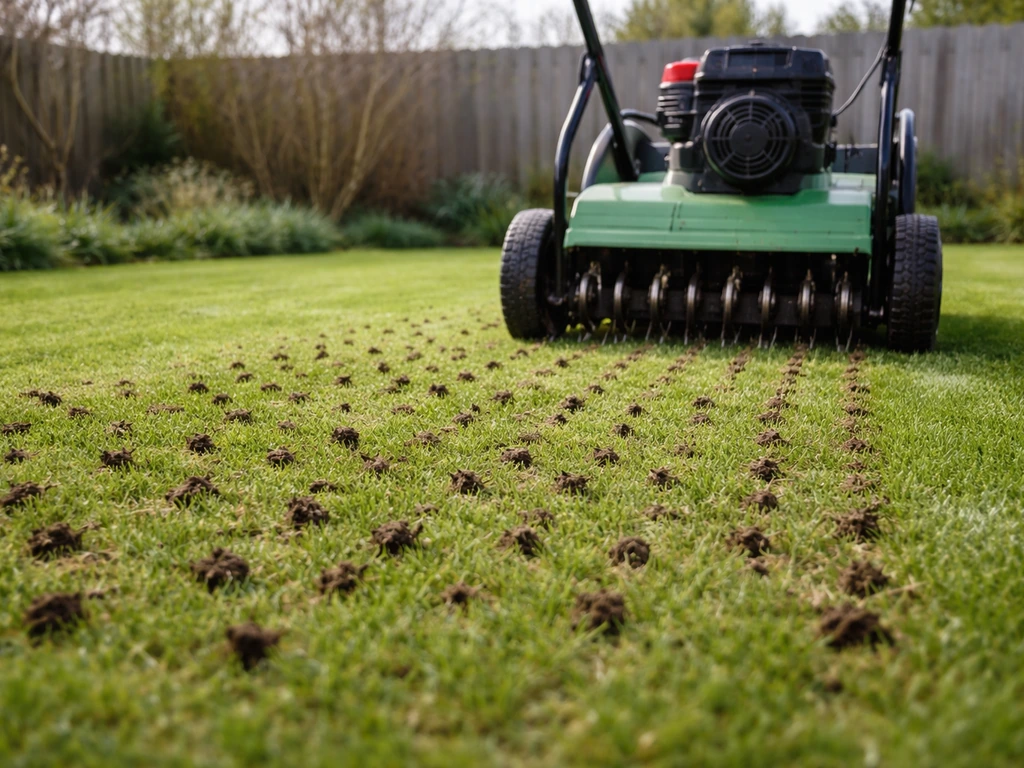 Beluchtingsmachine die gaten in een groen gazon maakt, met zichtbare impact op de grasmat en bodem