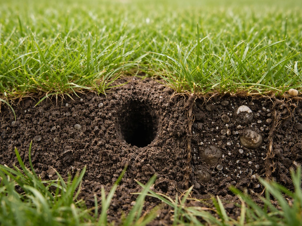 Close-up van gras met enkele beluchtingsgaten in de bodem, zichtbaar vochtige poriën onder het gras.